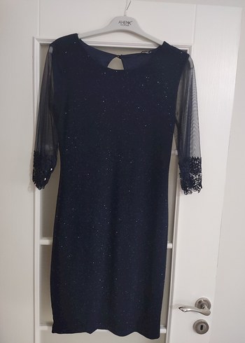 Lacivert Dantelli V Yaka Uzun Kollu Midi Elbise - Görsel 5