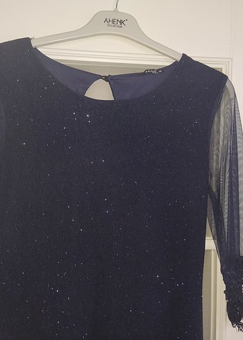 Lacivert Dantelli V Yaka Uzun Kollu Midi Elbise - Görsel 2