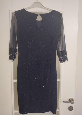 Lacivert Dantelli V Yaka Uzun Kollu Midi Elbise - Görsel 4