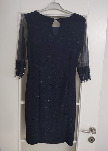 Lacivert Dantelli V Yaka Uzun Kollu Midi Elbise - Görsel 3