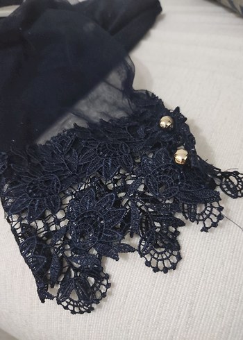 Lacivert Dantelli V Yaka Uzun Kollu Midi Elbise - Görsel 6