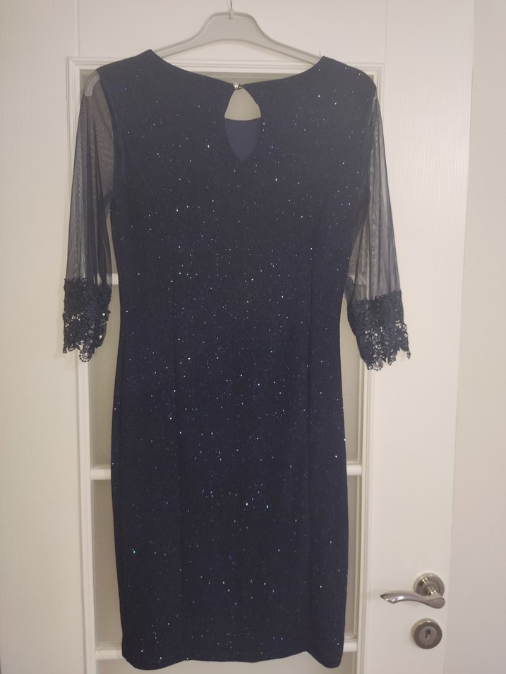 Lacivert Dantelli V Yaka Uzun Kollu Midi Elbise - Görsel 4