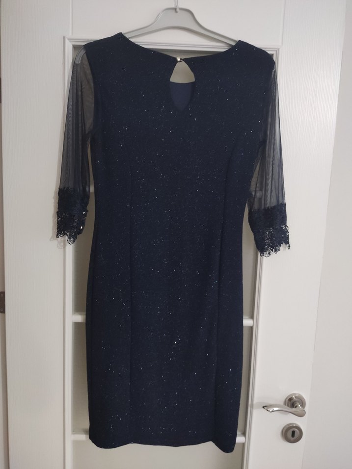 Lacivert Dantelli V Yaka Uzun Kollu Midi Elbise - Görsel 3