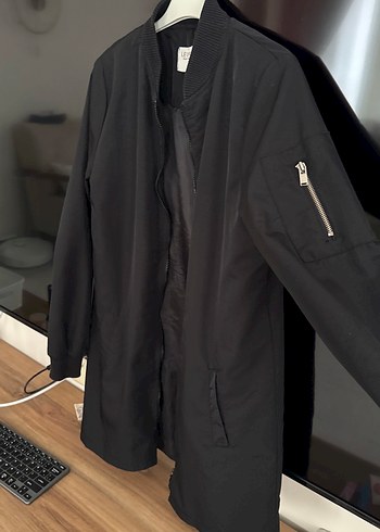 Siyah Kadın Midi Ceket Fermuarlı yağmurluk - Görsel 2