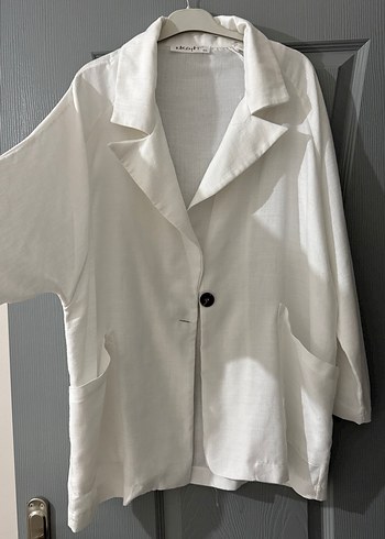 Beyaz Keten Kadın Blazer Ceket - Görsel 2