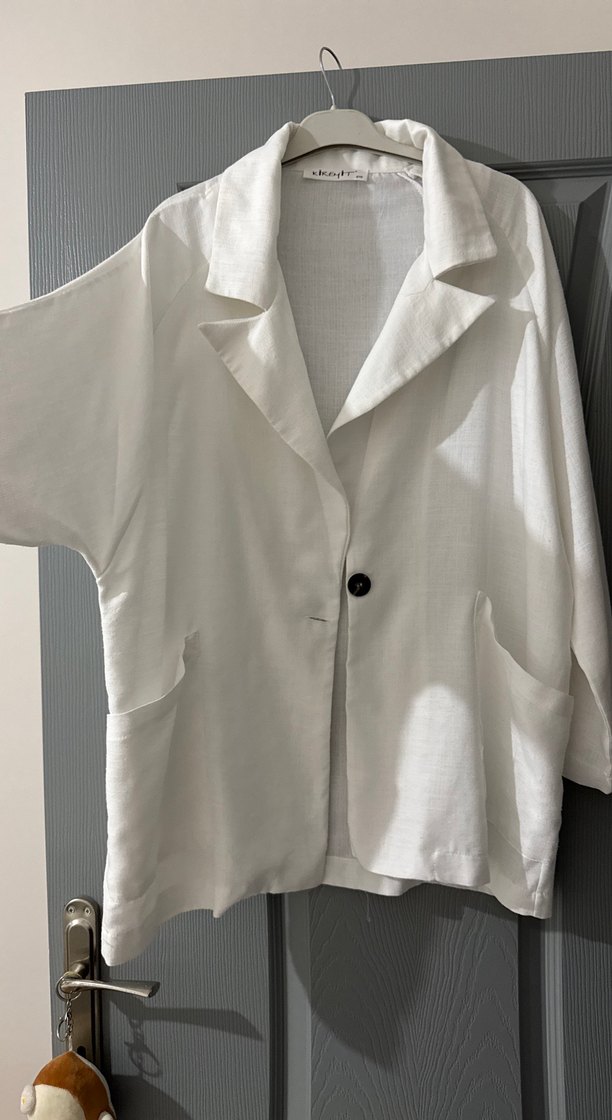 Beyaz Keten Kadın Blazer Ceket - Görsel 3