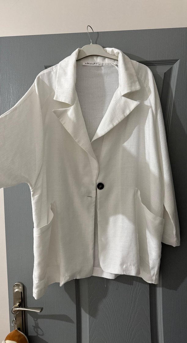 Beyaz Keten Kadın Blazer Ceket - Görsel 2