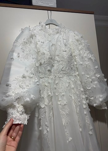 Uzun Kollu Vintage Beyaz Prenses Gelinlik - Görsel 3