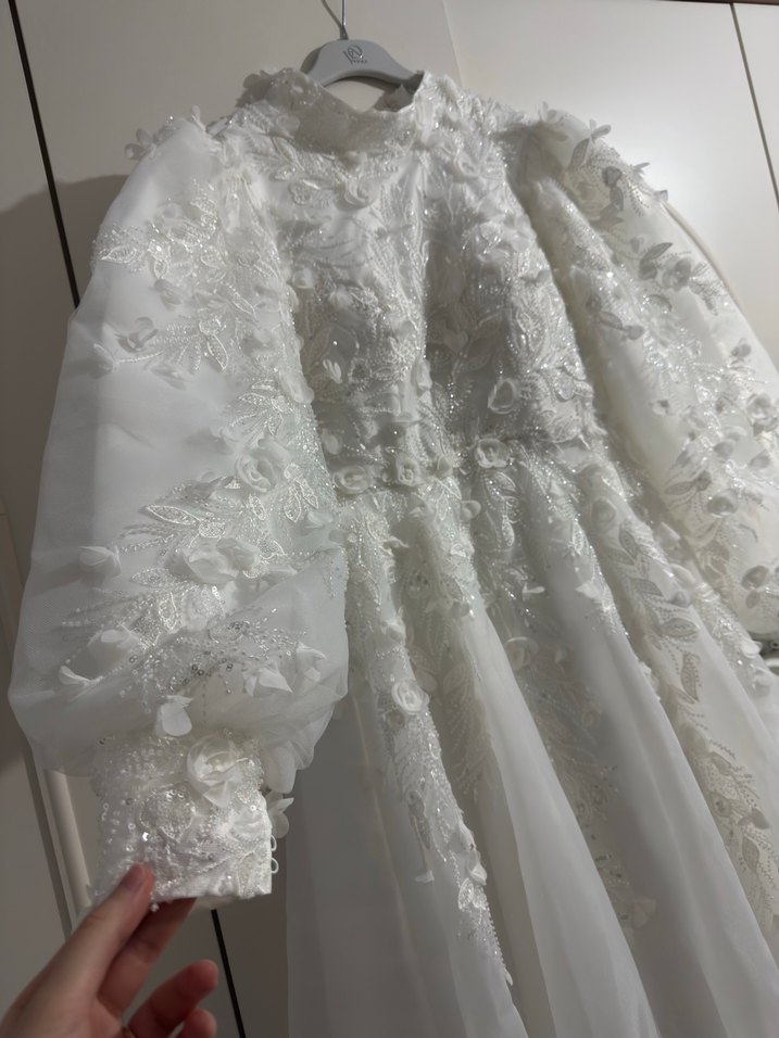 Uzun Kollu Vintage Beyaz Prenses Gelinlik - Görsel 5