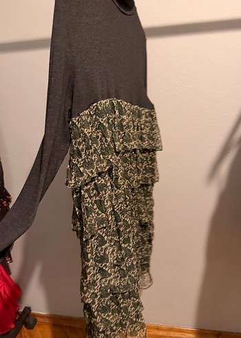 Kahverengi Desenli Fırfırlı Bohem Triko Elbise - Görsel 2