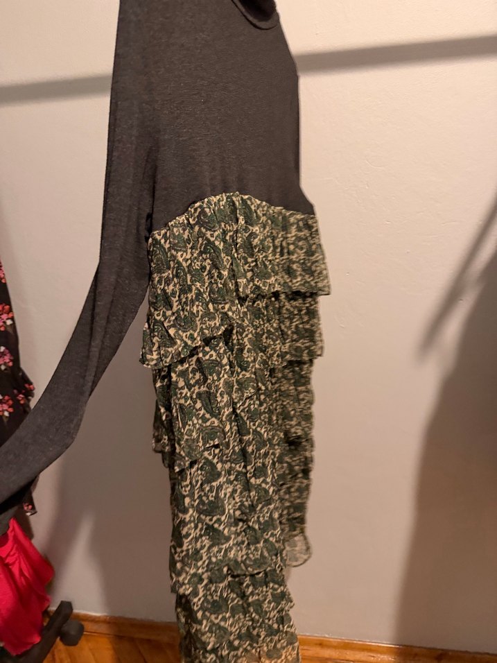 Kahverengi Desenli Fırfırlı Bohem Triko Elbise - Görsel 2