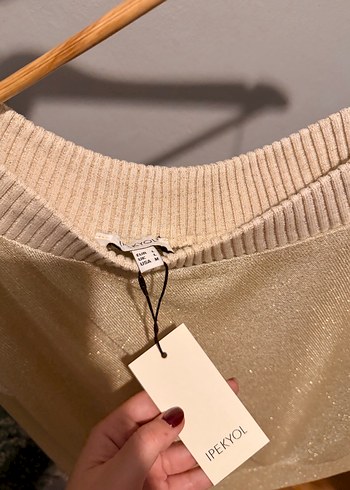 Bej Asimetrik Straplez Örgü Mini Kazak - Görsel 2