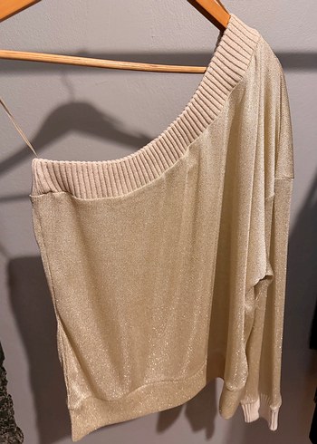 Bej Asimetrik Straplez Örgü Mini Kazak - Görsel 3