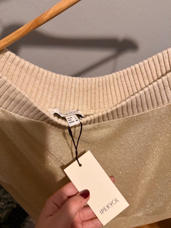 Bej Asimetrik Straplez Örgü Mini Kazak - Görsel 2