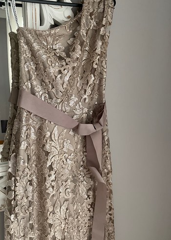 Dantel Detaylı Bej Uzun Abiye Elbise - Görsel 2