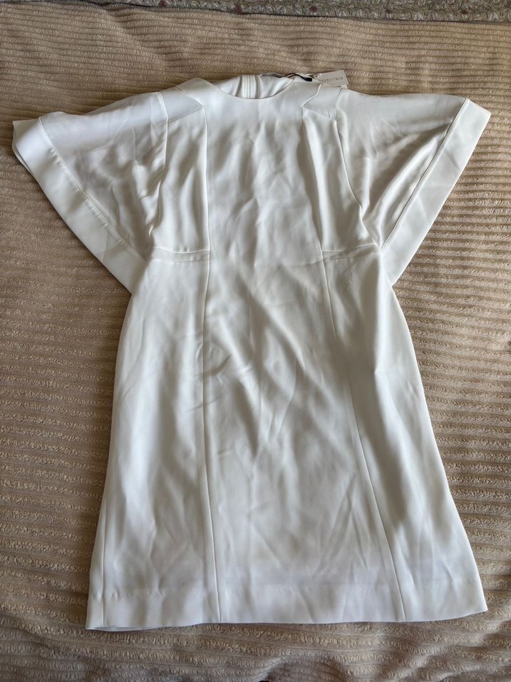 Beyaz V Yaka Midi elbise - Görsel 2