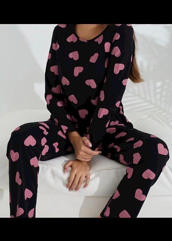 Bordo Kalp Desenli Rahat Kadın Pijama Takımı