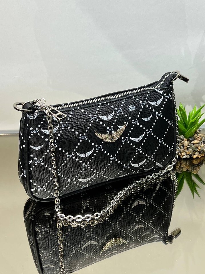 Zincir Detaylı Siyah Yılan Derisi Desenli Kadın Çanta - Görsel 4