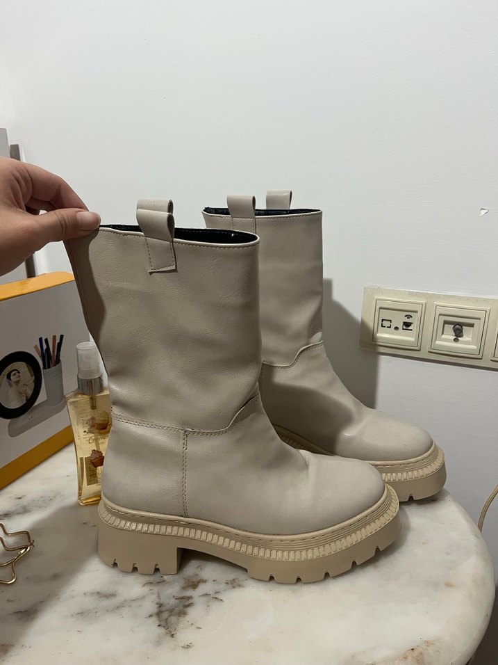 Bej Deri Platform Topuklu Kadın Bot - Görsel 2