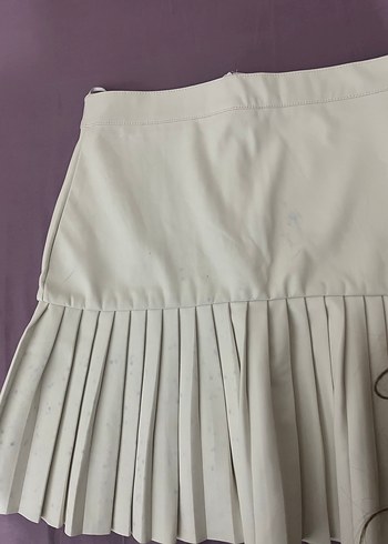 Beyaz Pilili Mini deri Etek - Görsel 3