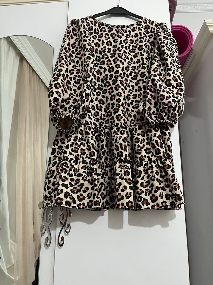 Leopar Desenli Kemerli Mini Elbise - Görsel 2