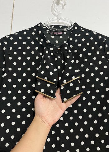 Ofis tarzı Puantiyeli kurdele Yaka bluz - Görsel 2