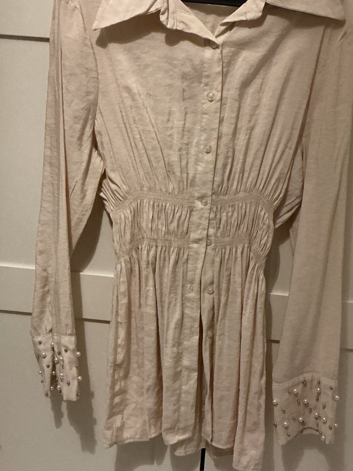 İnci detaylı mini gömlek elbise - Görsel 2