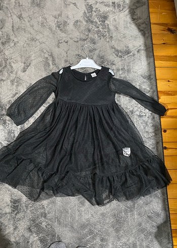 Siyah Tül Detaylı Uzun Kollu Kız Elbisesi - Görsel 2