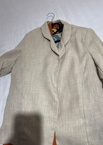 Bej Keten Düğmeli Kadın Blazer Ceket
