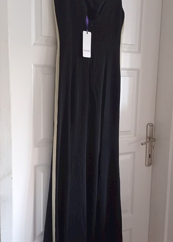 Siyah Drapeli Uzun Kadın Elbise - Görsel 8