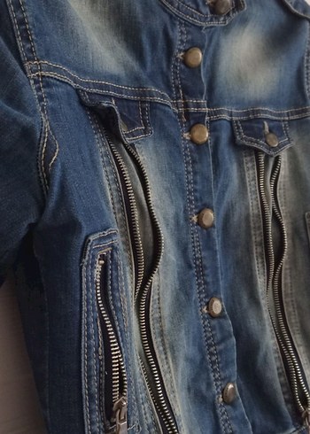 Fermuarlı Mavi Biker Kot Ceket - Görsel 4