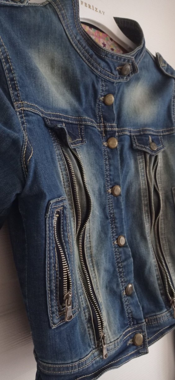 Fermuarlı Mavi Biker Kot Ceket - Görsel 4