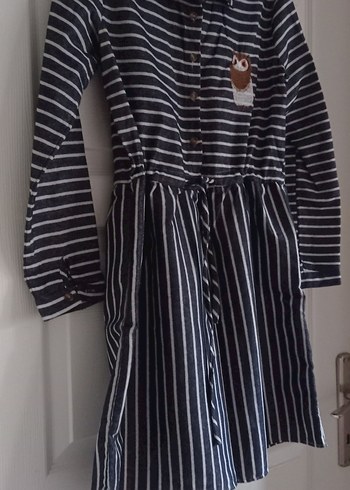 Gri Çizgili Düğmeli Uzun Kollu Midi Elbise - Görsel 3