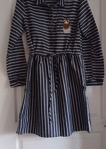 Gri Çizgili Düğmeli Uzun Kollu Midi Elbise - Görsel 2