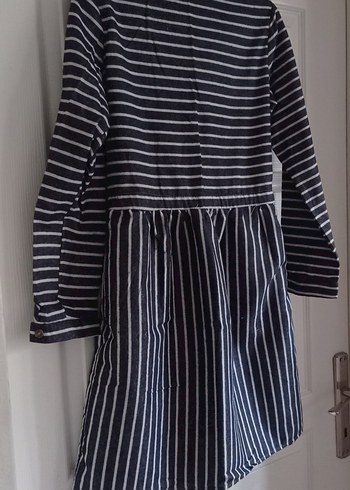 Gri Çizgili Düğmeli Uzun Kollu Midi Elbise - Görsel 6