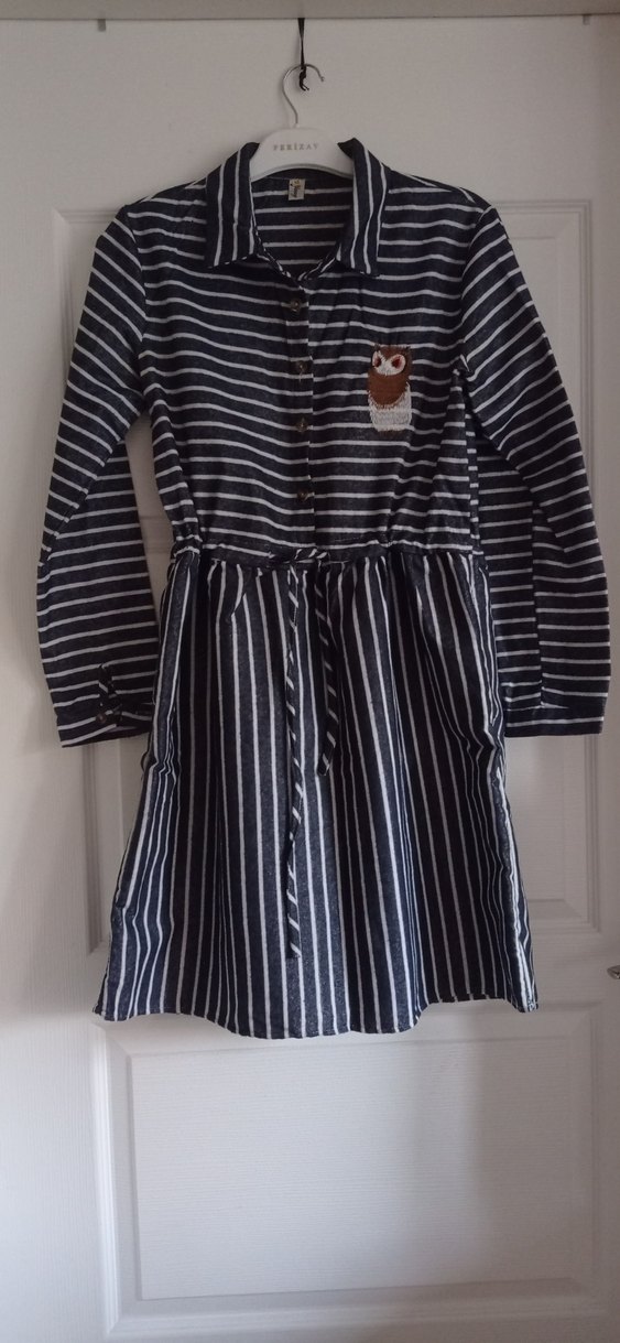 Gri Çizgili Düğmeli Uzun Kollu Midi Elbise - Görsel 2