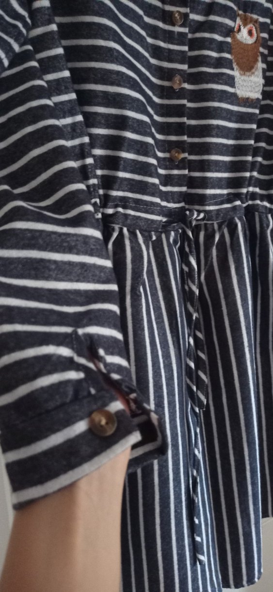 Gri Çizgili Düğmeli Uzun Kollu Midi Elbise - Görsel 5