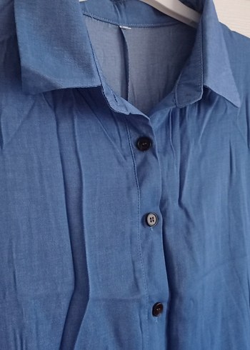 Mavi Yakalı Uzun Kumaş Elbise - Görsel 7