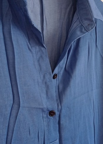 Mavi Yakalı Uzun Kumaş Elbise - Görsel 6