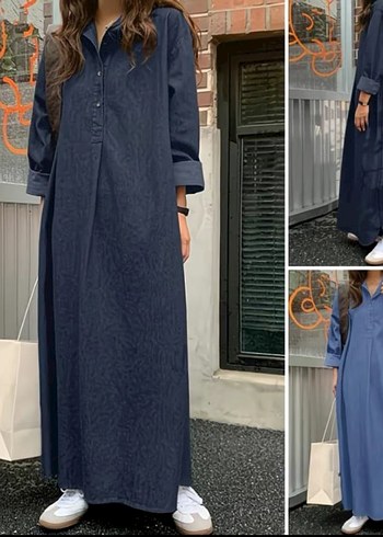 Mavi Yakalı Uzun Kumaş Elbise - Görsel 11