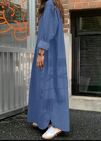 Mavi Yakalı Uzun Kumaş Elbise - Görsel 10