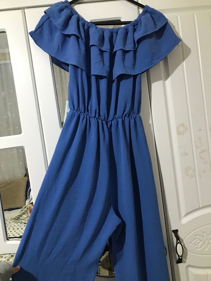 Koyu Mavi Volanlı Midi Straplez Elbise - Görsel 3