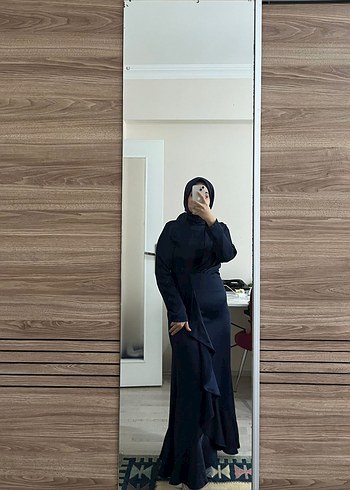 Abiye lacivert Uzun Kollu Drapeli Kadın Elbise
