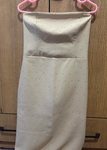 Bej Straplez Midi Elbise - Görsel 2