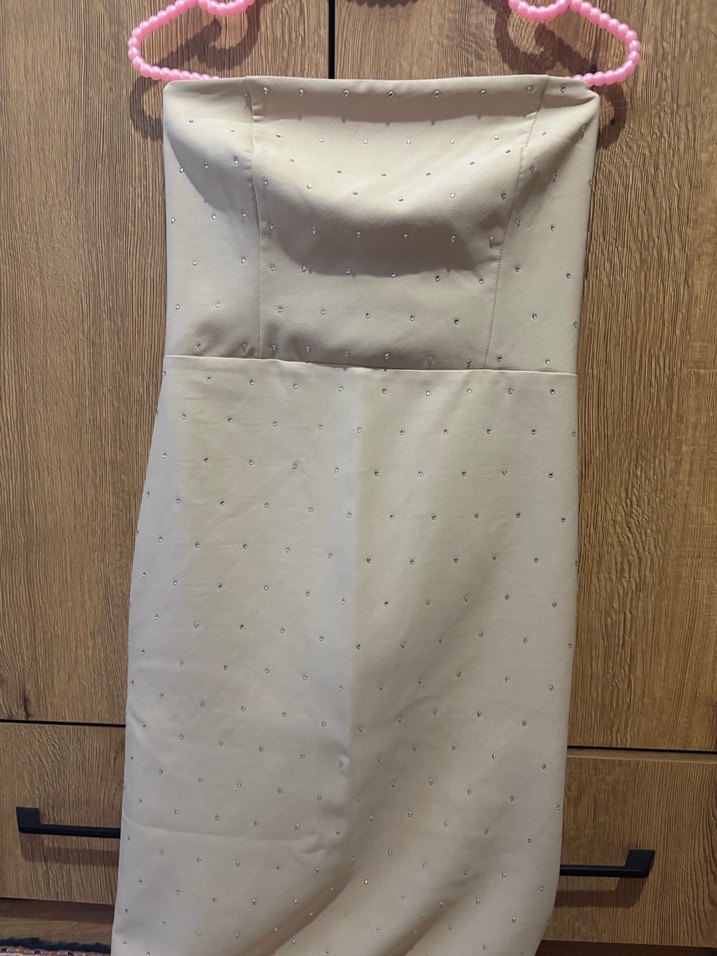 Bej Straplez Midi Elbise - Görsel 2