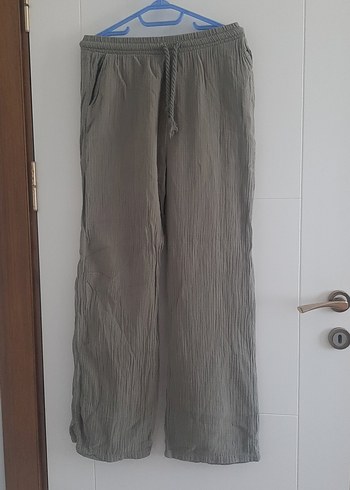 Haki Bol Kesim Keten Kadın Pantolon