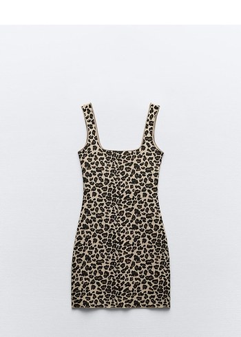 Zara Kadın Bej Midi leopar Desenli Triko Elbise