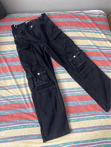 Bershka Multicargo Baggy Siyah Kot Pantolon
