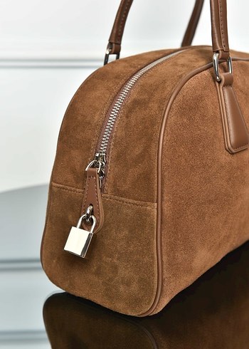 PRADA - Parada Bowling Medium Bag Bej Süet Kadın Çanta - Görsel 4