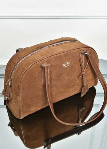 PRADA - Parada Bowling Medium Bag Bej Süet Kadın Çanta - Görsel 8